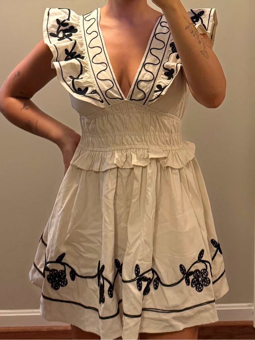 Cream Embroidered V-Neck Ruffle Mini Dress